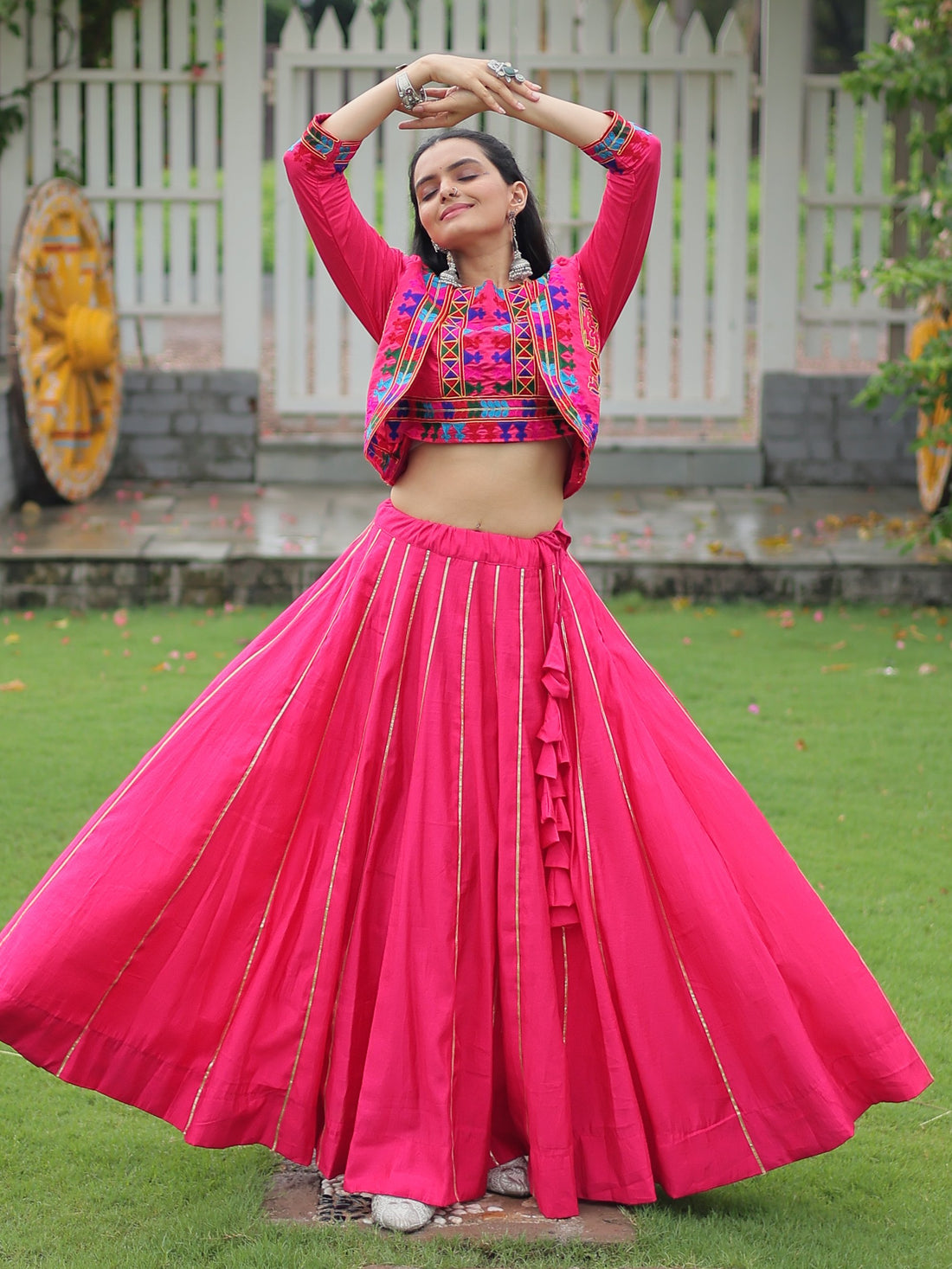 Pretty Pink Kutchi Work Silk Navratri Special Lehenga Choli With Jacket