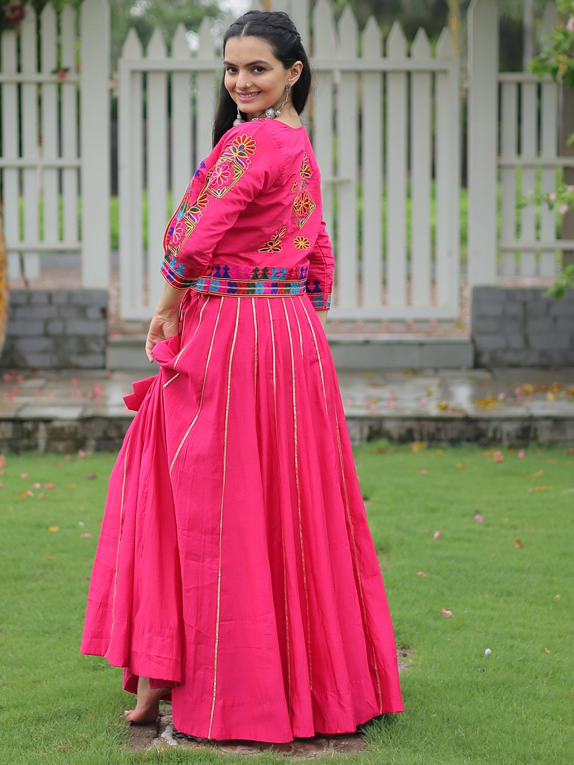 Pretty Pink Kutchi Work Silk Navratri Special Lehenga Choli With Jacket