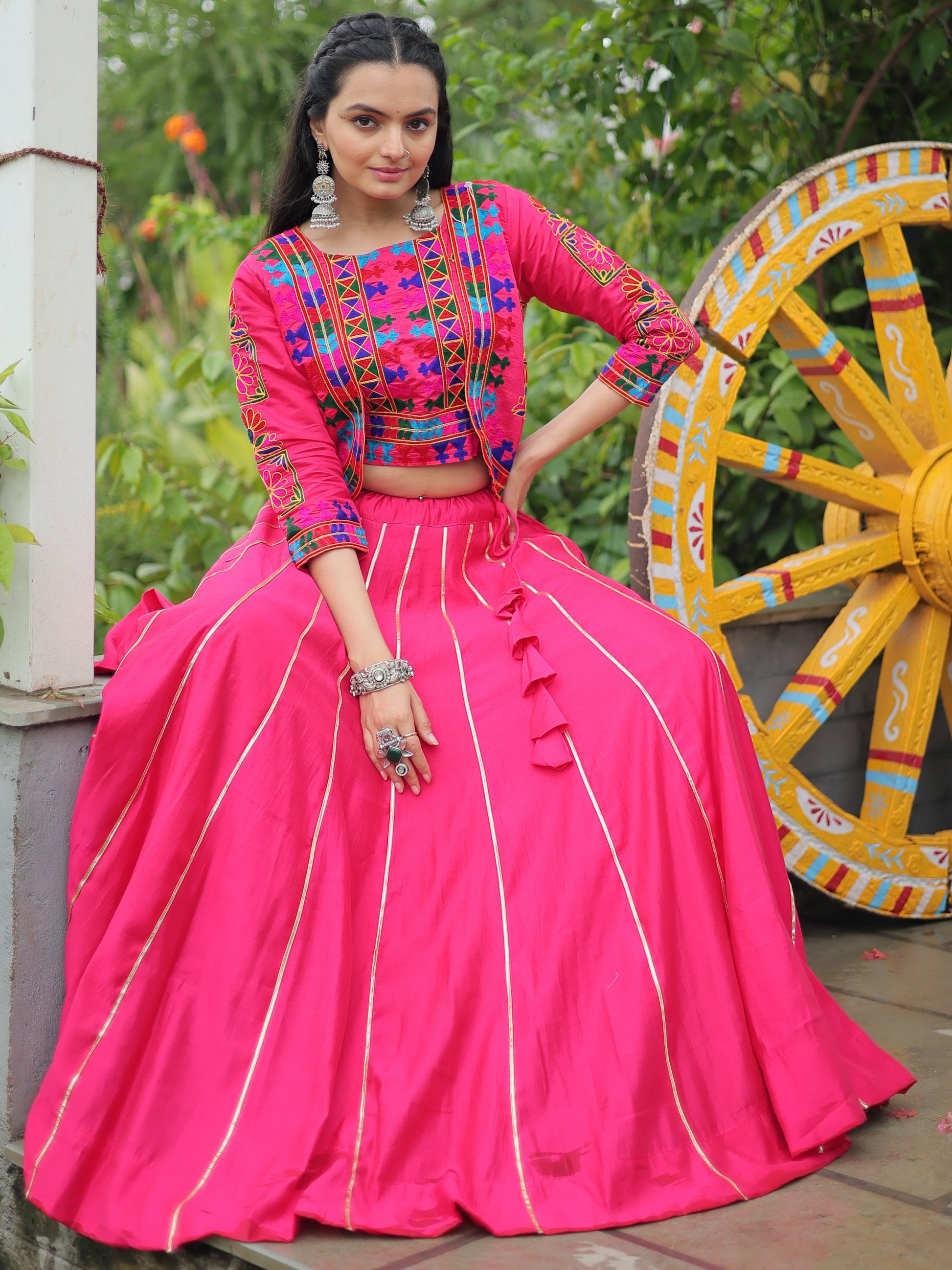 Pretty Pink Kutchi Work Silk Navratri Special Lehenga Choli With Jacket