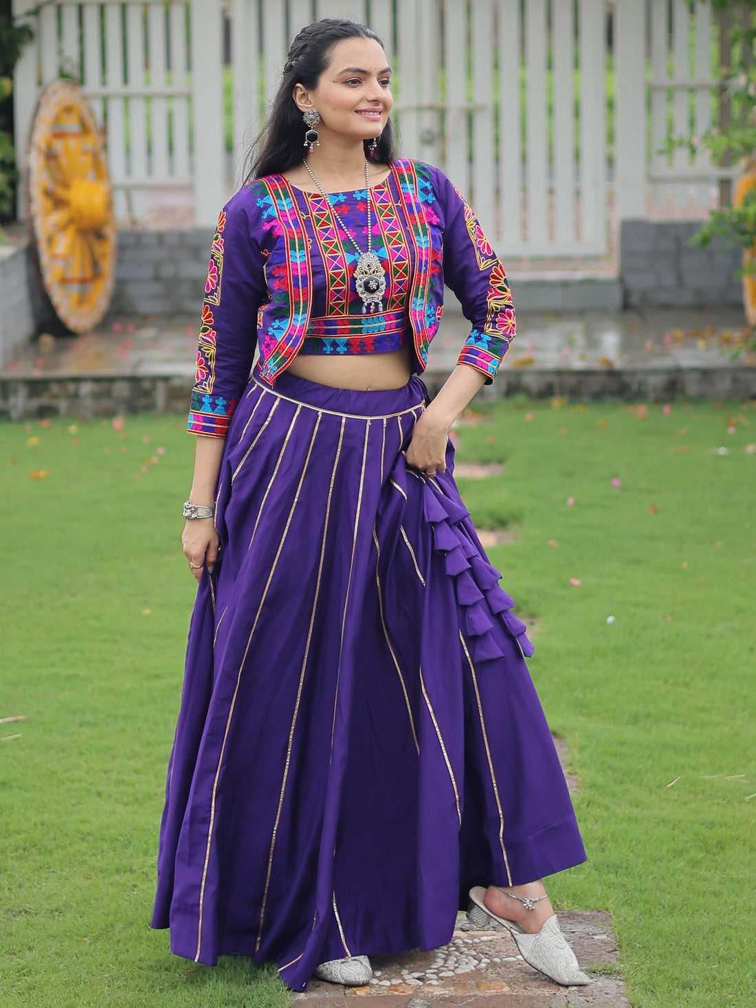 Alluring Purple Kutchi Work Silk Navratri Wear Lehenga Choli With Jacket