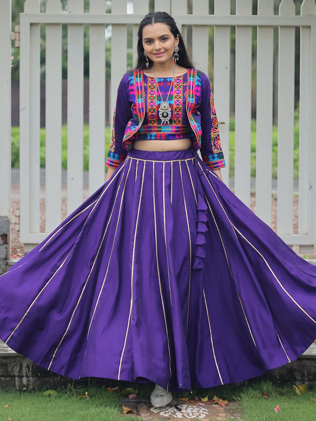 Alluring Purple Kutchi Work Silk Navratri Wear Lehenga Choli With Jacket