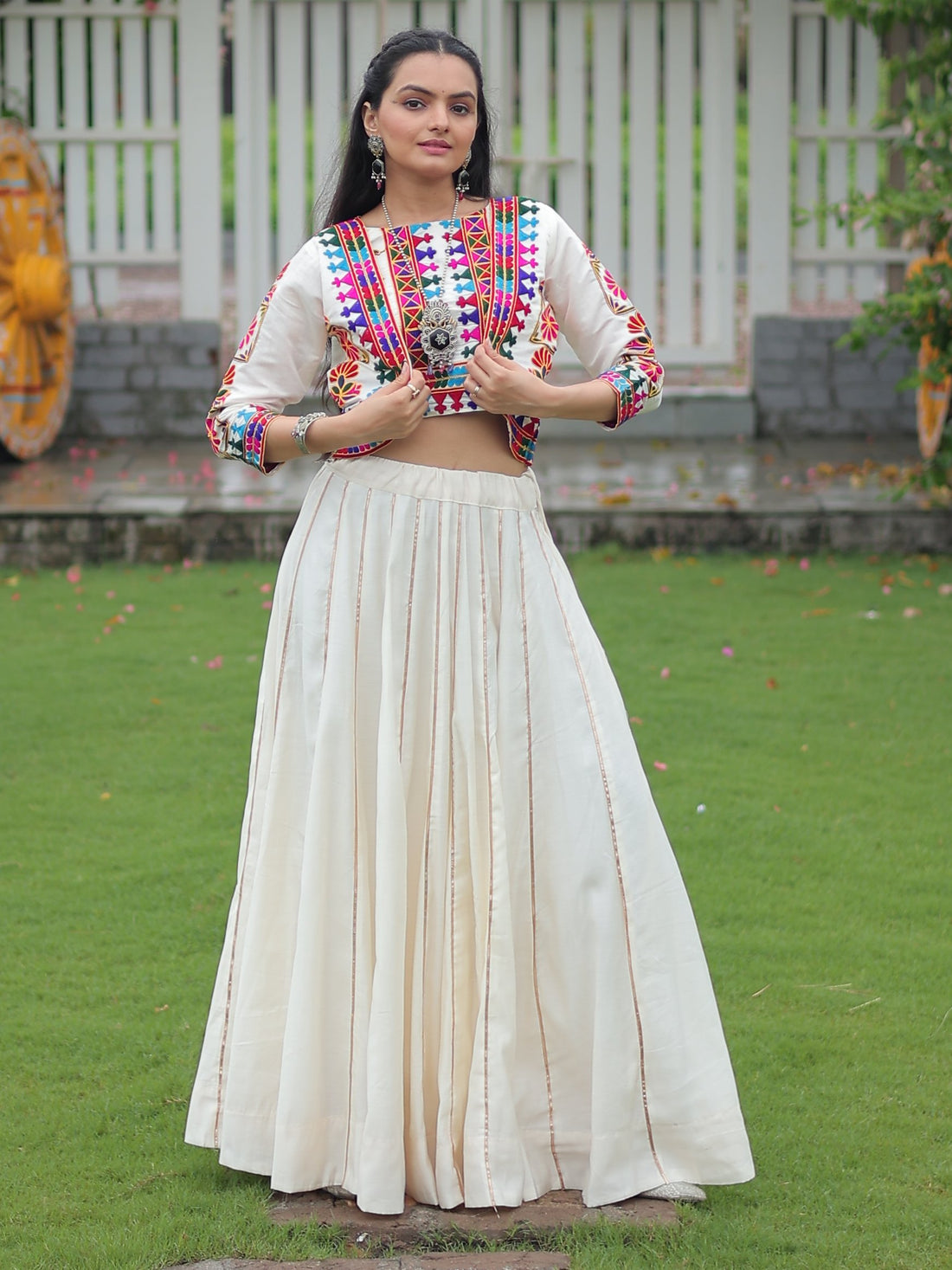 Glamorous White Gota Patti Silk Traditional Lehenga Choli With Jacket
