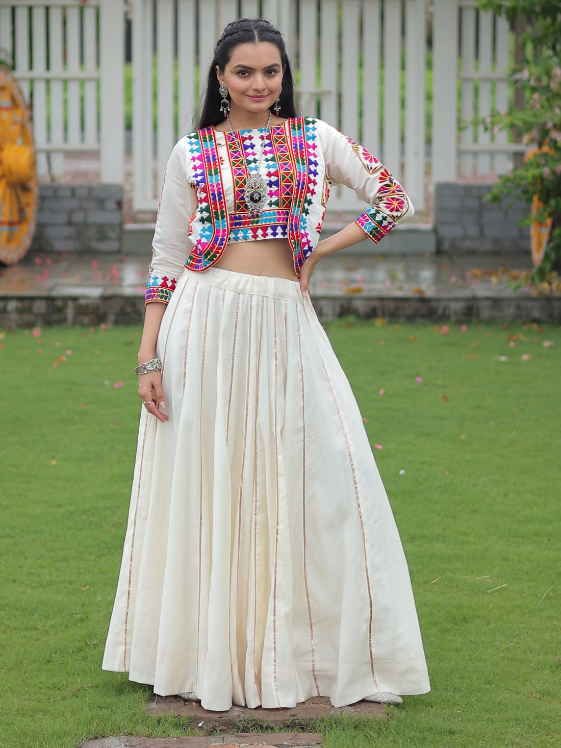 Glamorous White Gota Patti Silk Traditional Lehenga Choli With Jacket