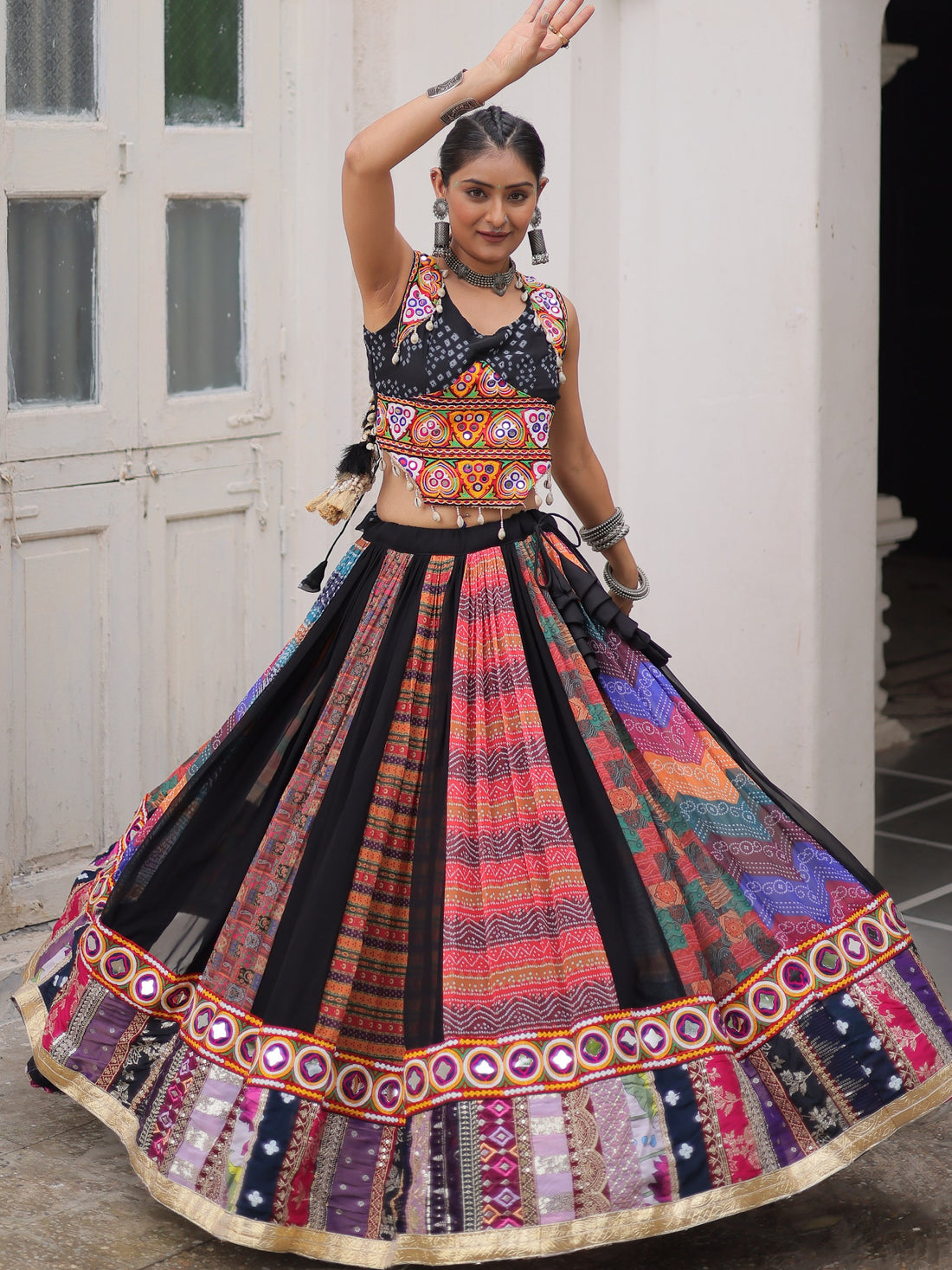 Tantalizing Multi-Color Georgette Navratri Special Lehenga With Gamthi Work Blouse