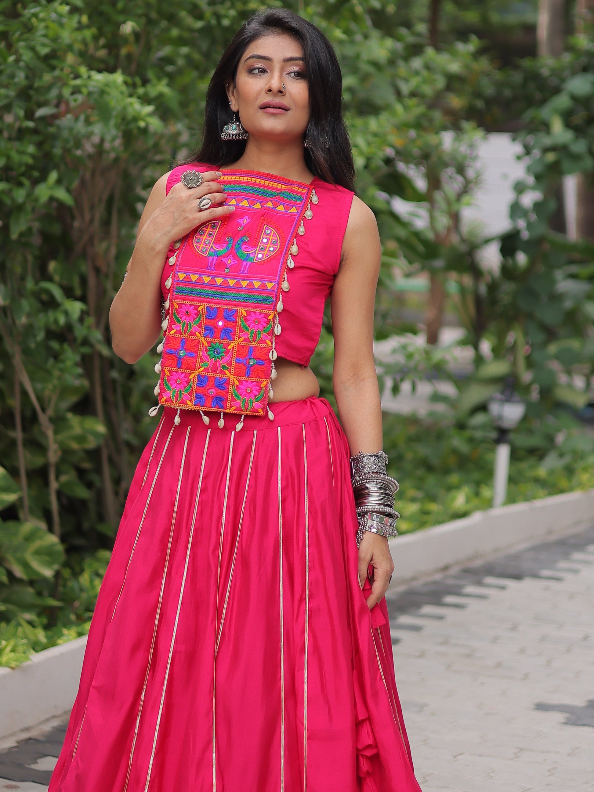 Wonderful Pink Lace Work Roman Silk Festive Wear Lehenga With Blouse