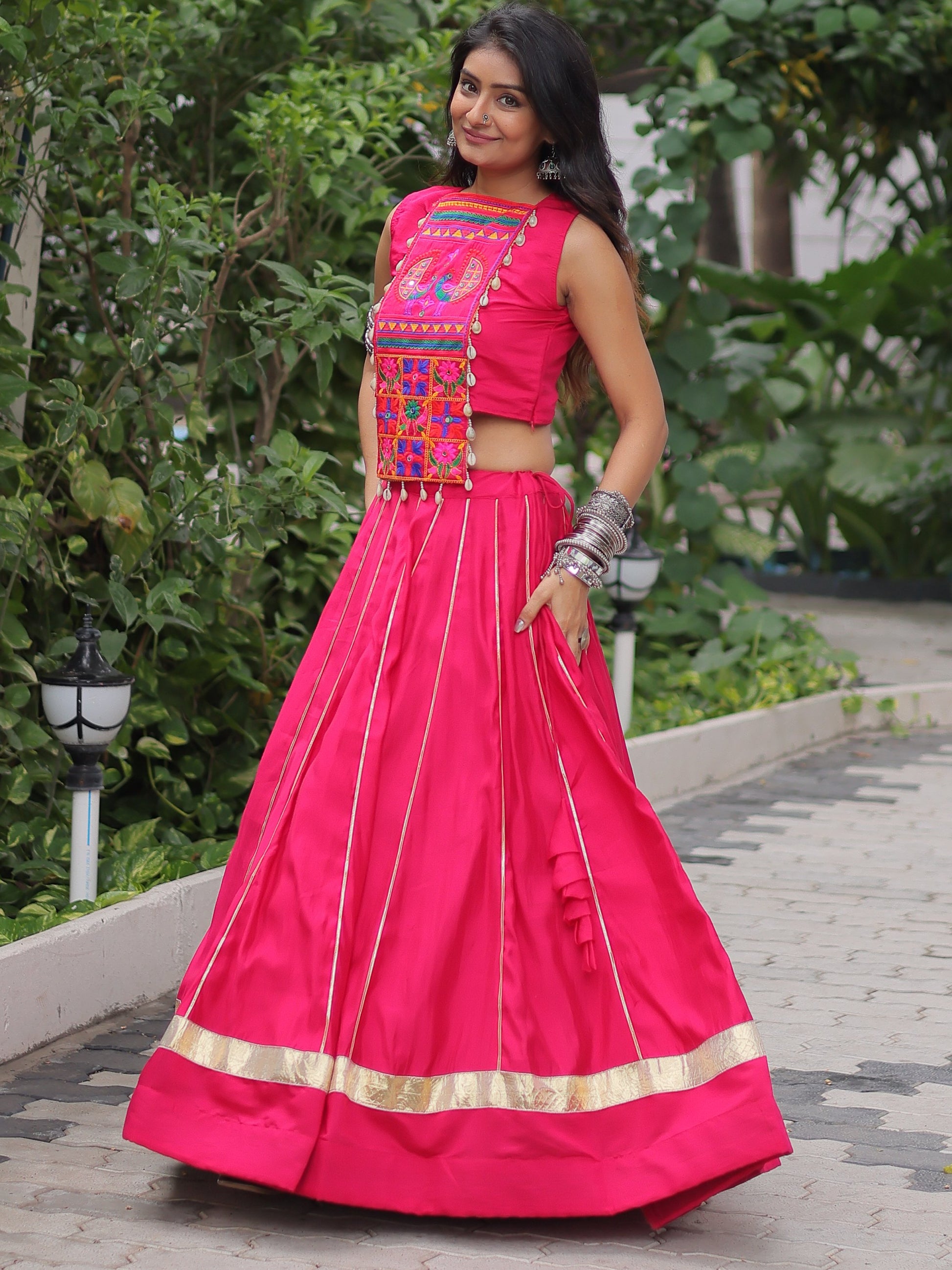 Wonderful Pink Lace Work Roman Silk Festive Wear Lehenga With Blouse