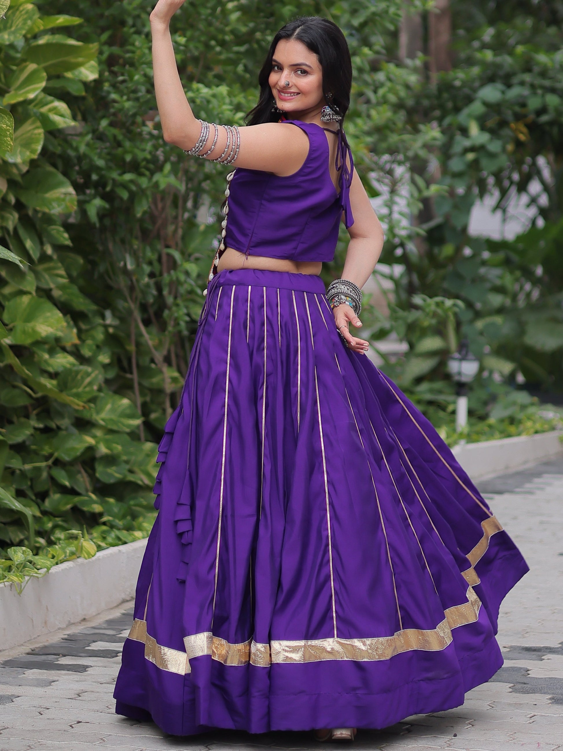 Awesome Purple Lace Work Roman Silk Traditional Lehenga Choli