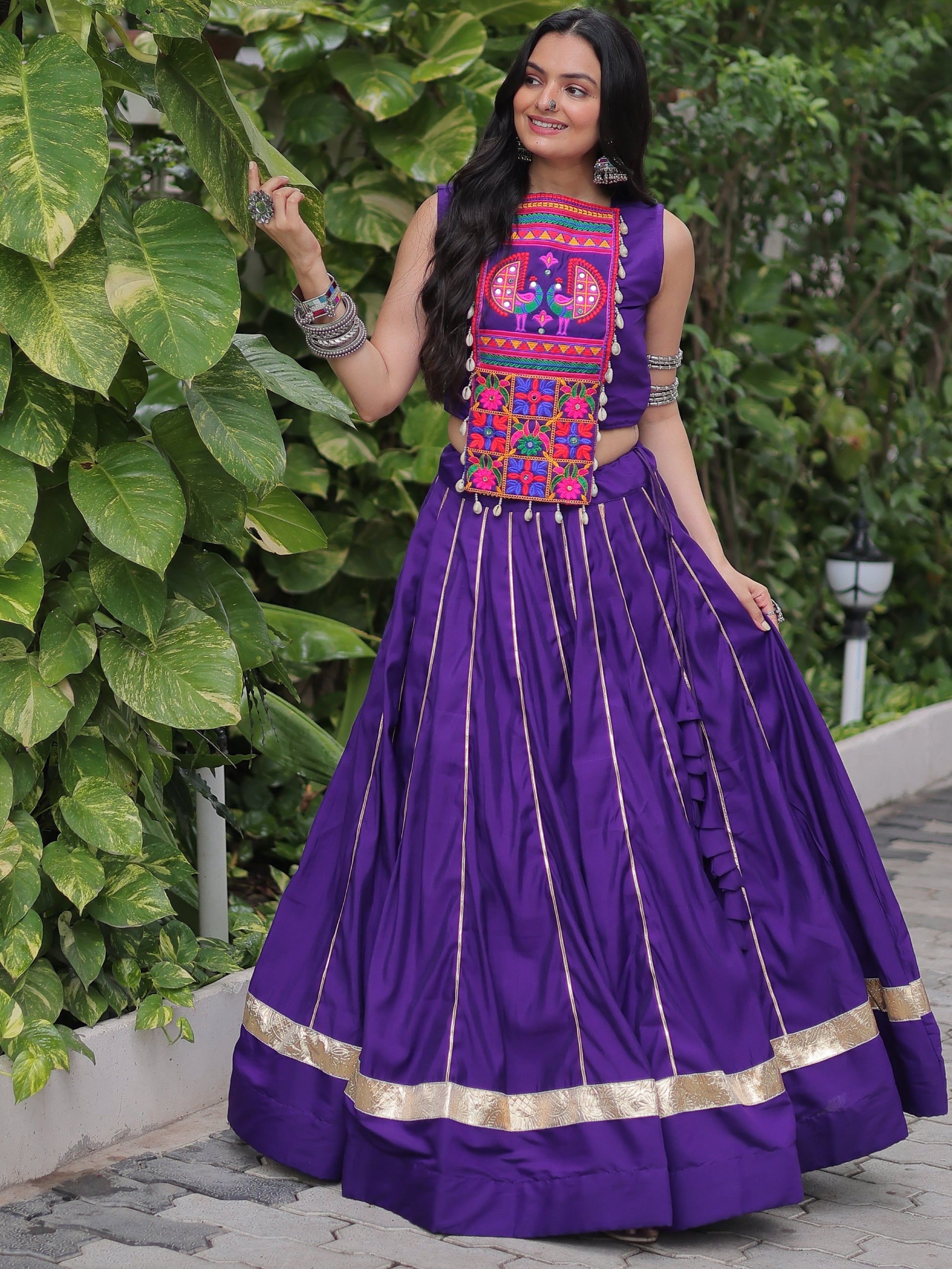Awesome Purple Lace Work Roman Silk Traditional Lehenga Choli