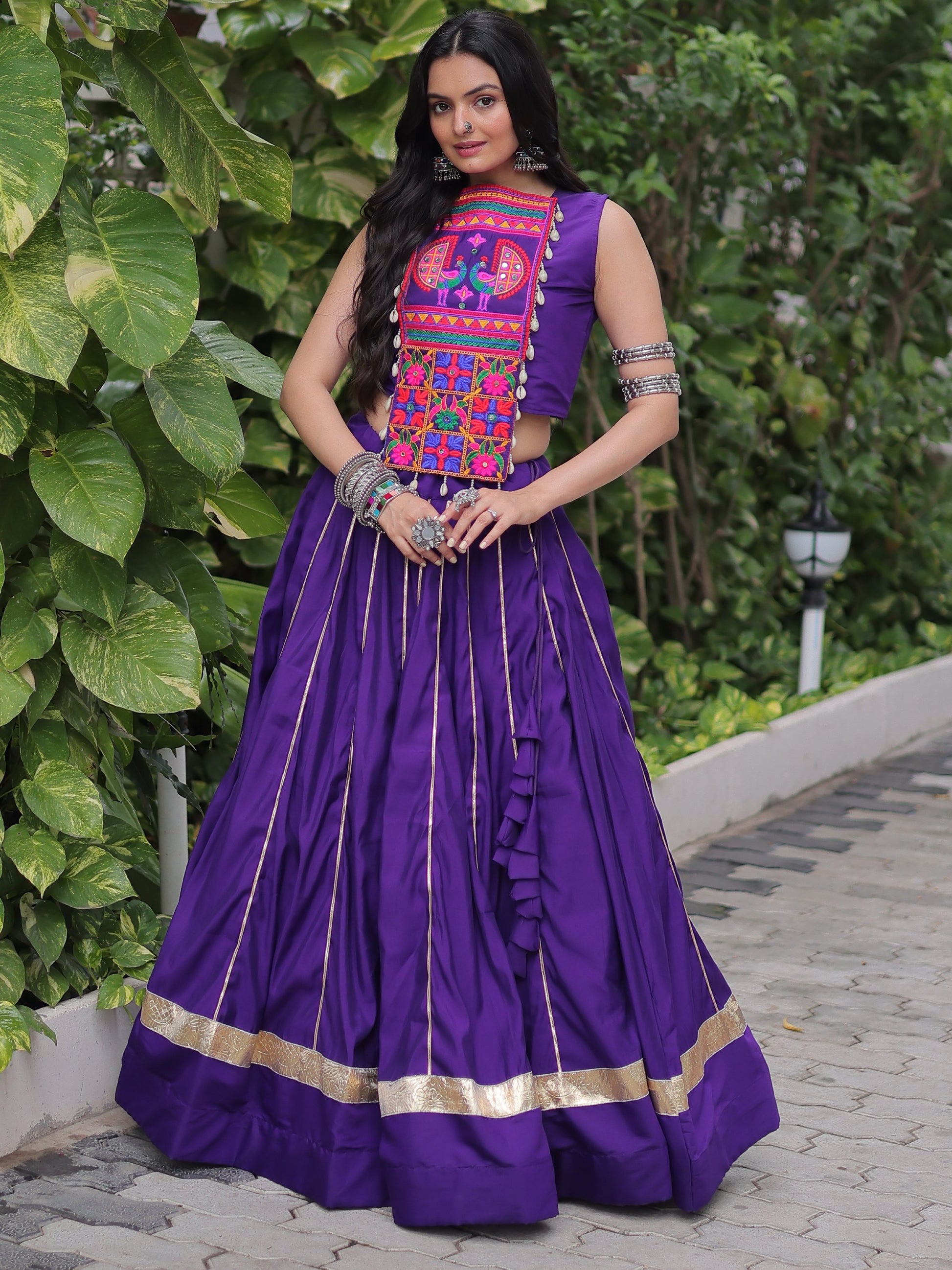 Awesome Purple Lace Work Roman Silk Traditional Lehenga Choli