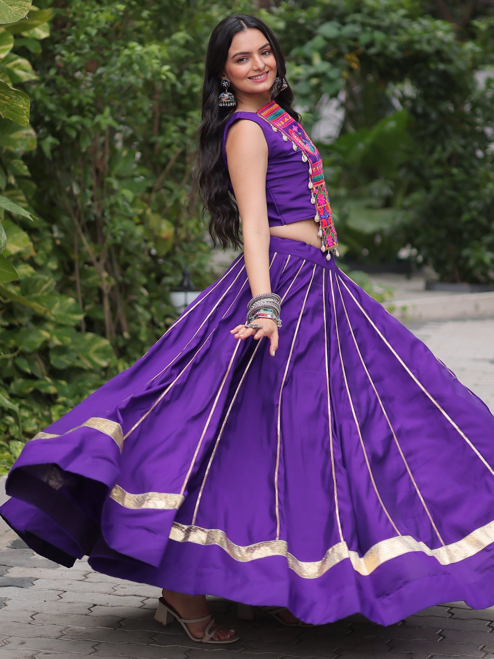 Awesome Purple Lace Work Roman Silk Traditional Lehenga Choli