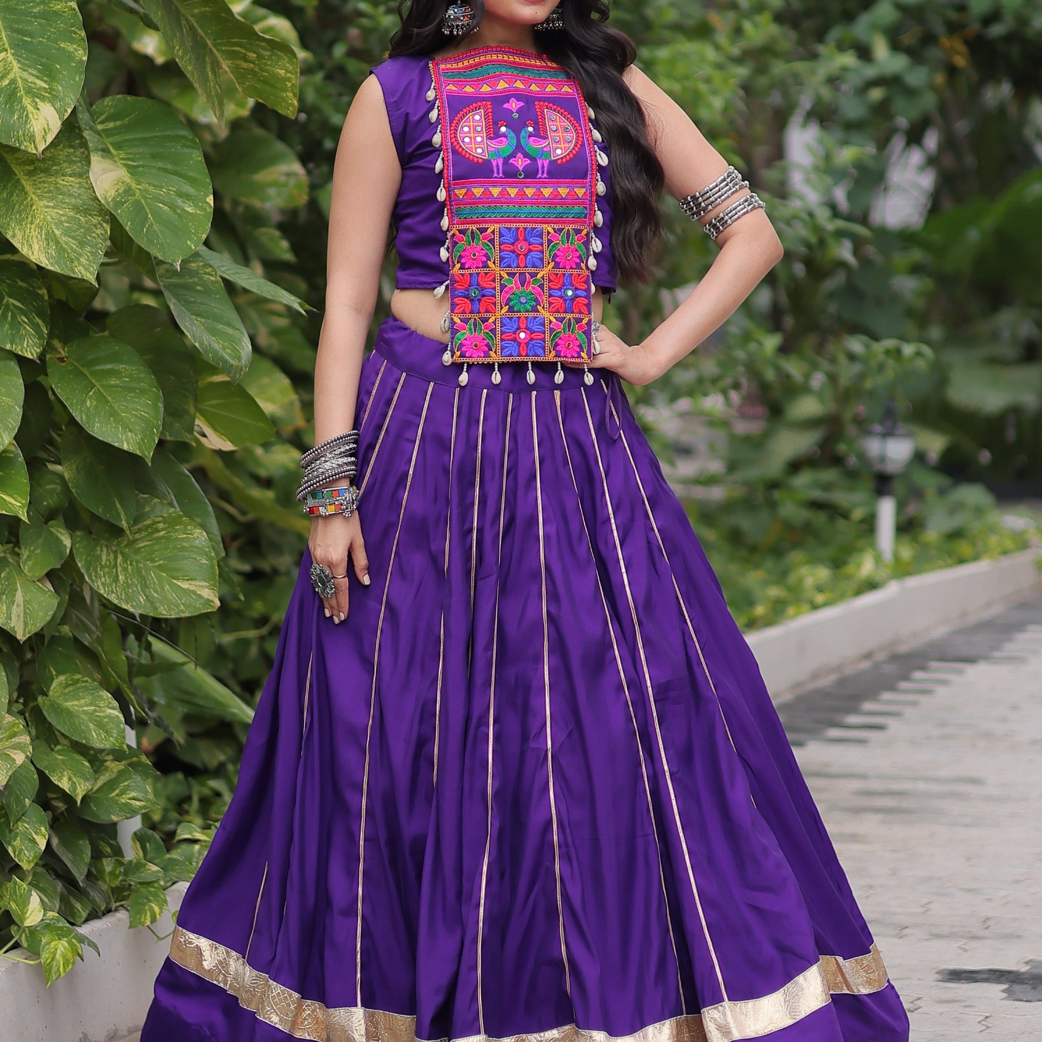 Awesome Purple Lace Work Roman Silk Traditional Lehenga Choli