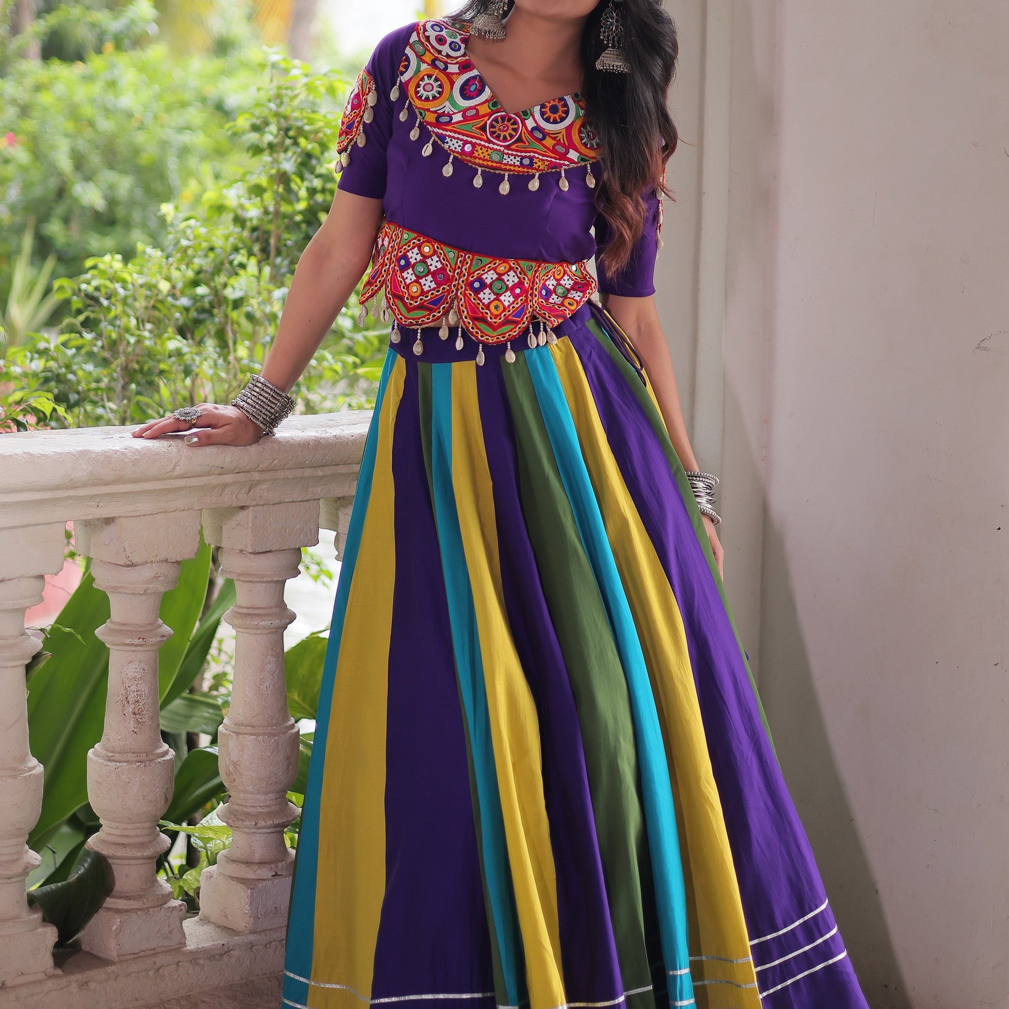 Amazing Multi-Color Roman Silk Navratri Special Lehenga With Gamthi Work Blouse