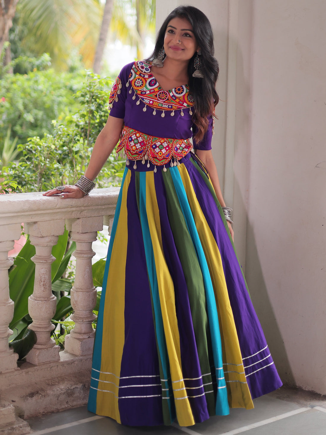 Amazing Multi-Color Roman Silk Navratri Special Lehenga With Gamthi Work Blouse