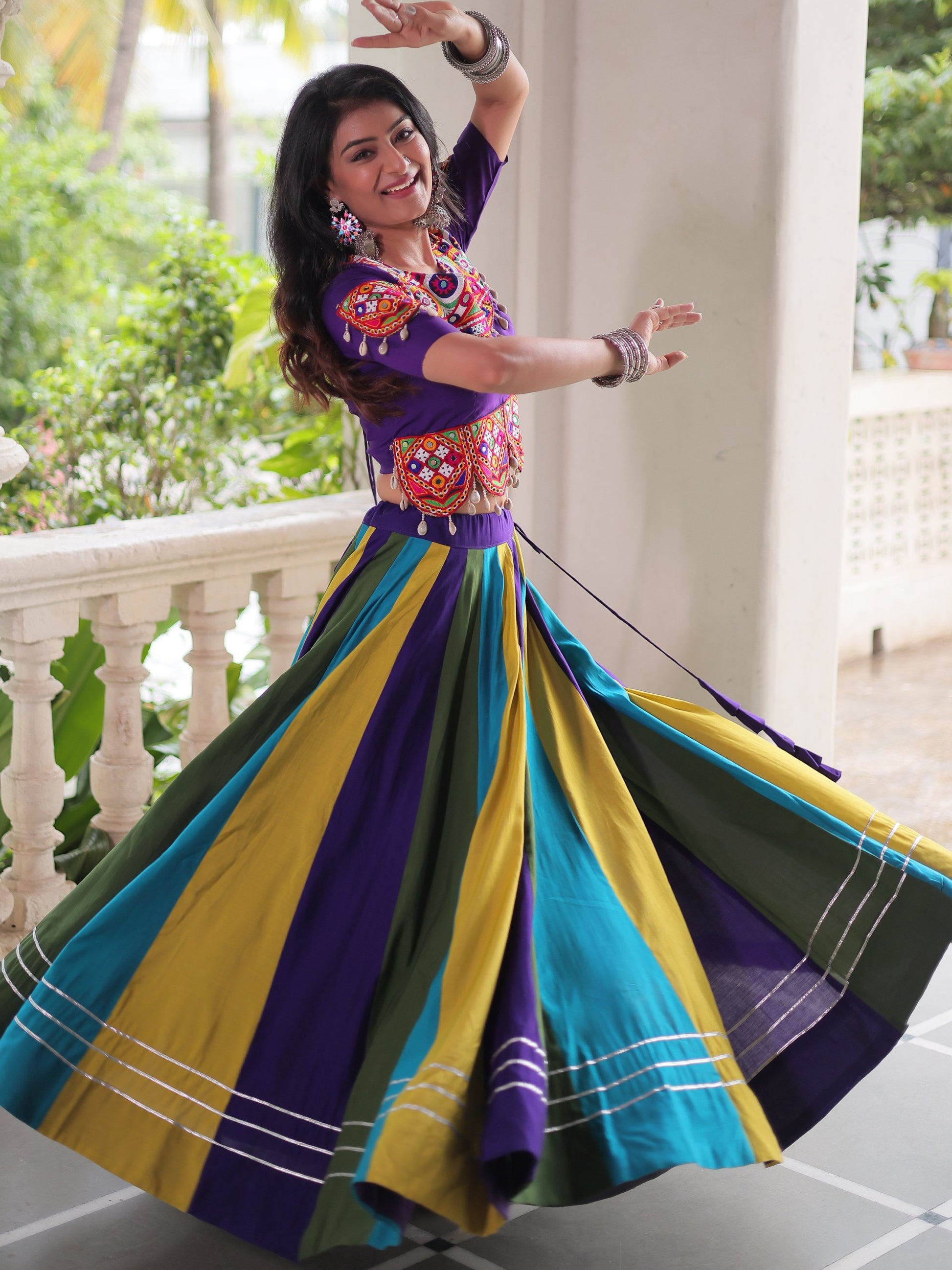 Amazing Multi-Color Roman Silk Navratri Special Lehenga With Gamthi Work Blouse