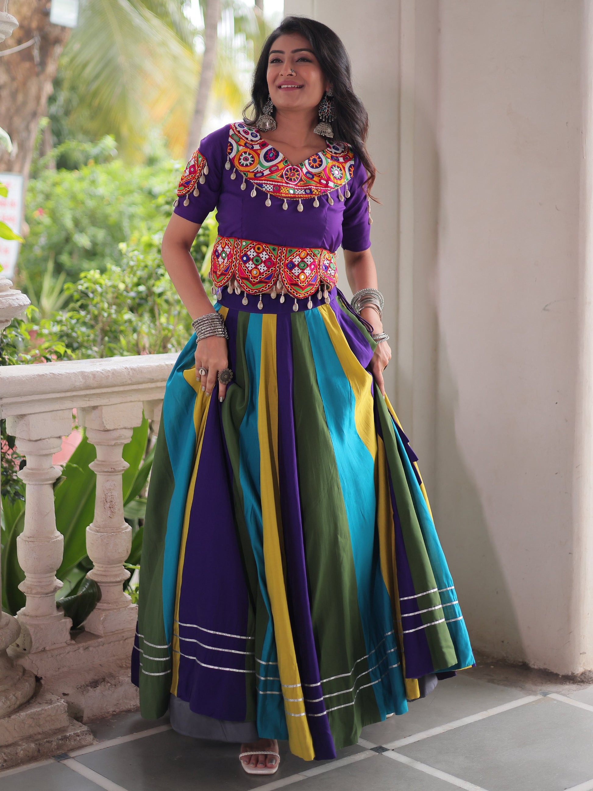 Amazing Multi-Color Roman Silk Navratri Special Lehenga With Gamthi Work Blouse