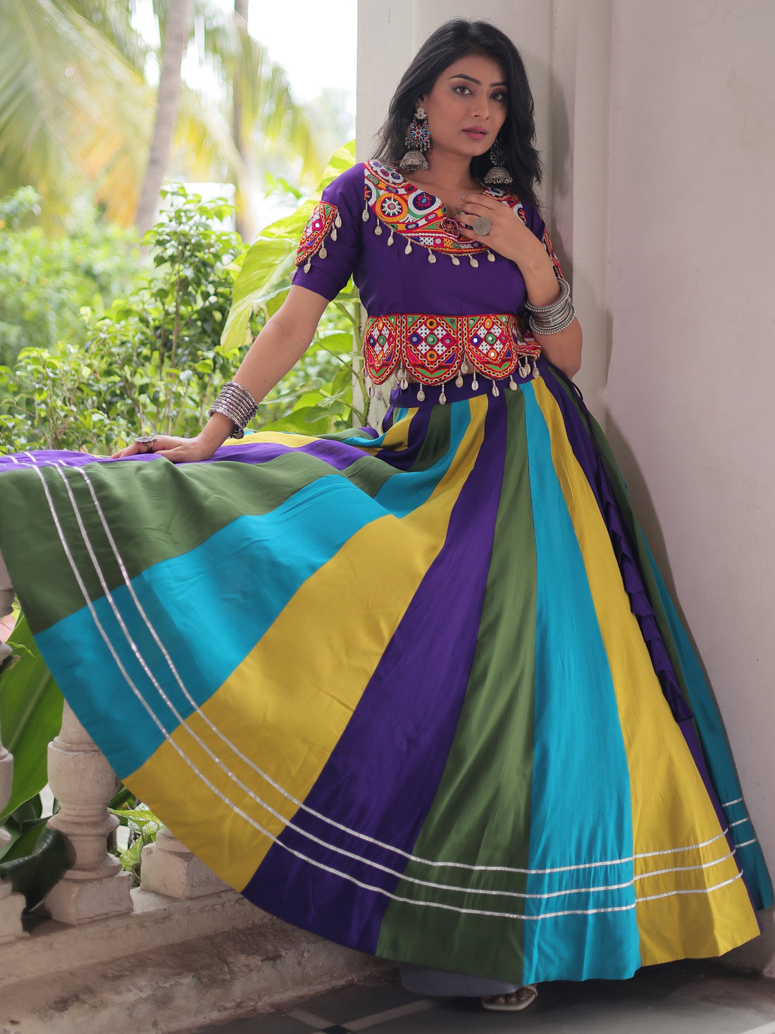 Amazing Multi-Color Roman Silk Navratri Special Lehenga With Gamthi Work Blouse