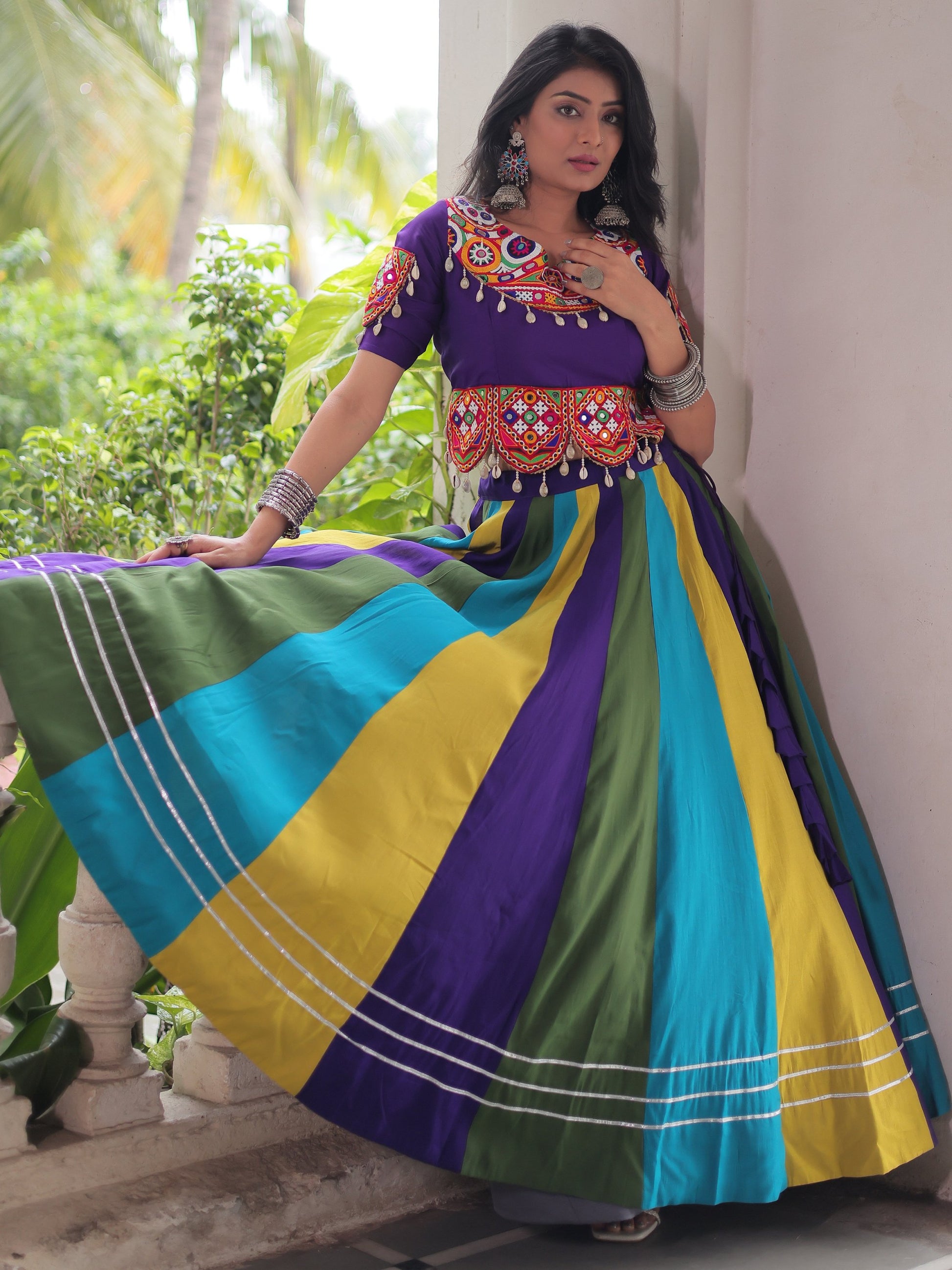 Amazing Multi-Color Roman Silk Navratri Special Lehenga With Gamthi Work Blouse