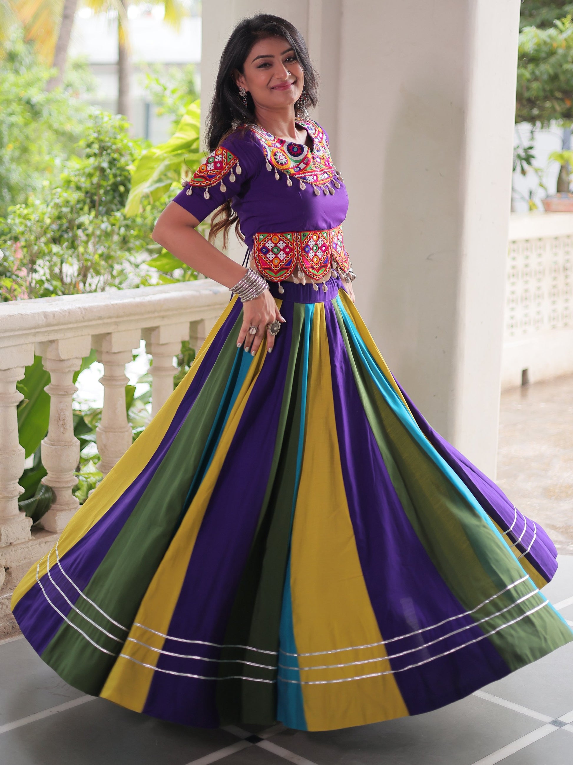 Amazing Multi-Color Roman Silk Navratri Special Lehenga With Gamthi Work Blouse