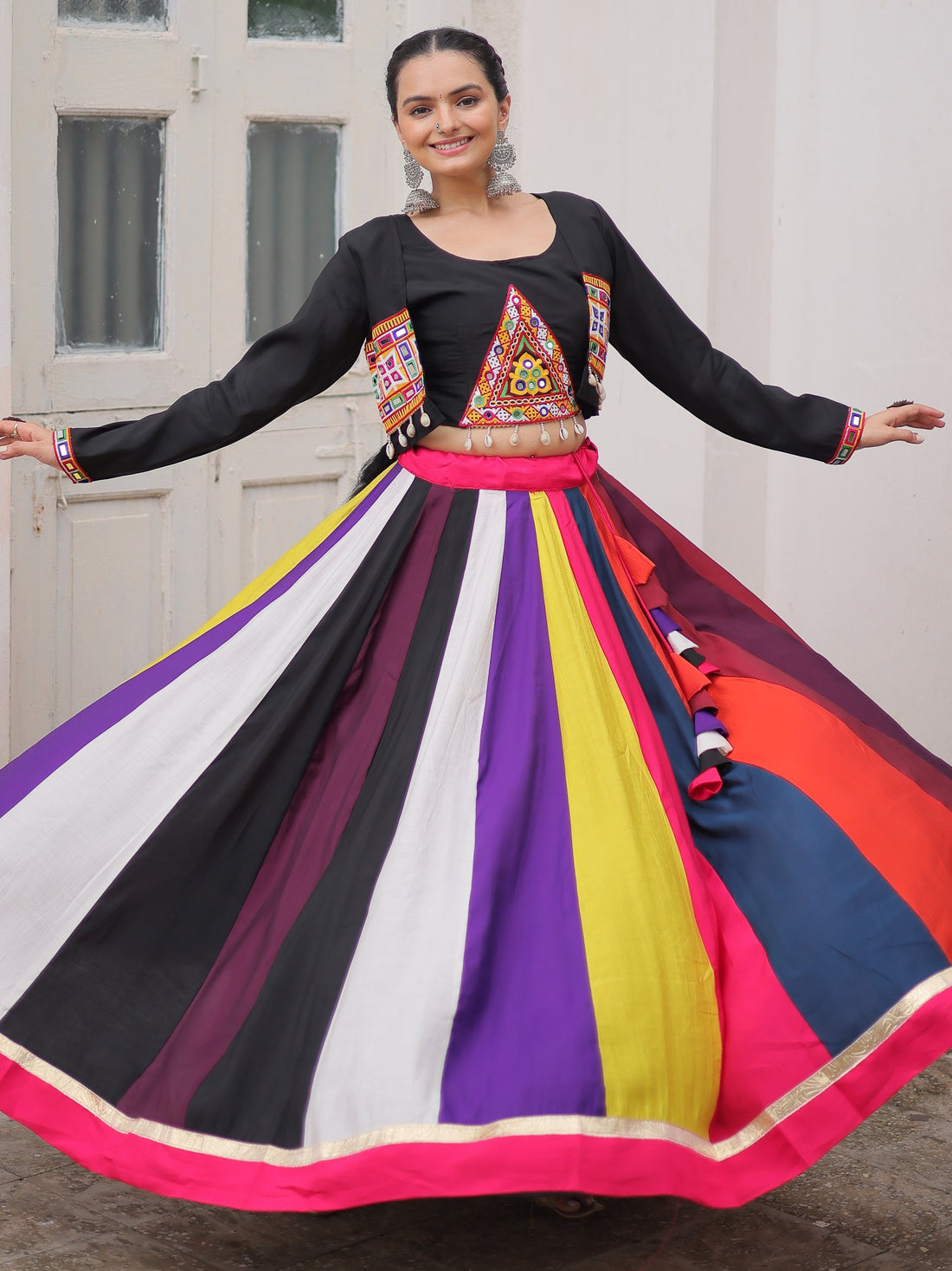 Classic Multi-Color Roman Silk Lehenga With Kutchi Work Blouse And Jacket