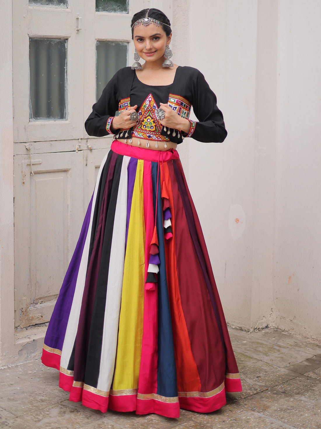 Classic Multi-Color Roman Silk Lehenga With Kutchi Work Blouse And Jacket