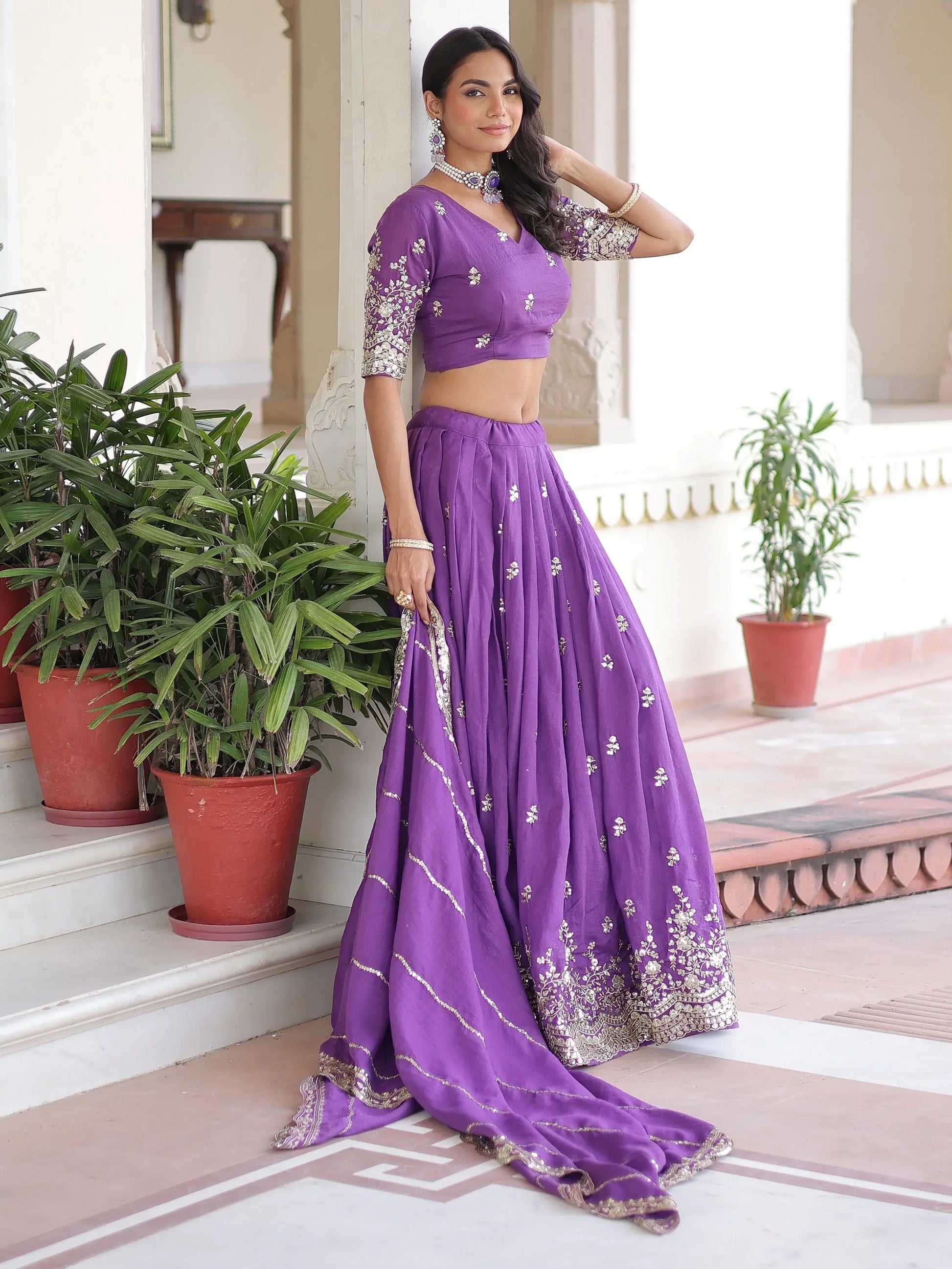 Astounding Purple Sequins Silk Designer Lehenga Choli With Dupatta