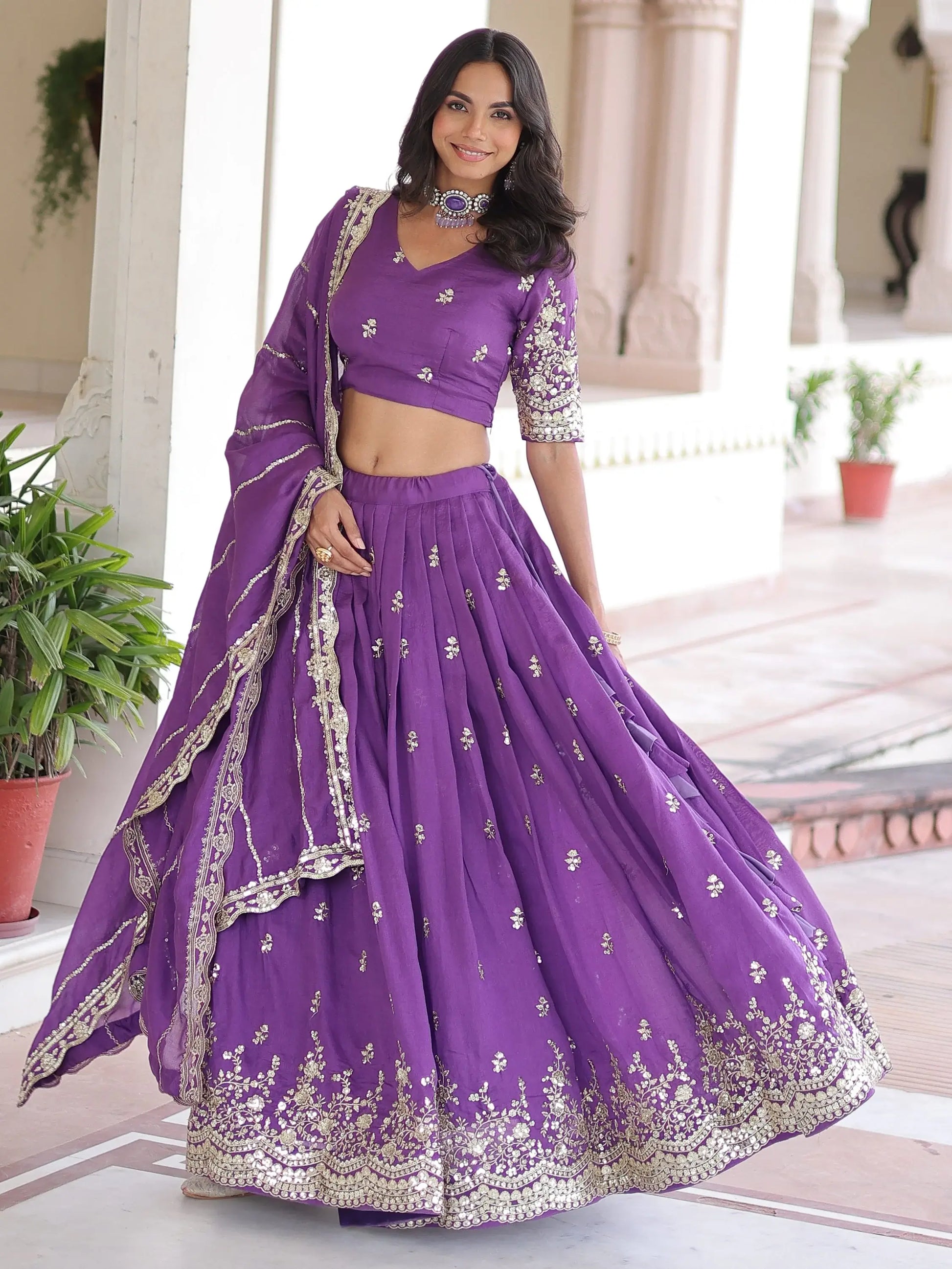 Astounding Purple Sequins Silk Designer Lehenga Choli With Dupatta