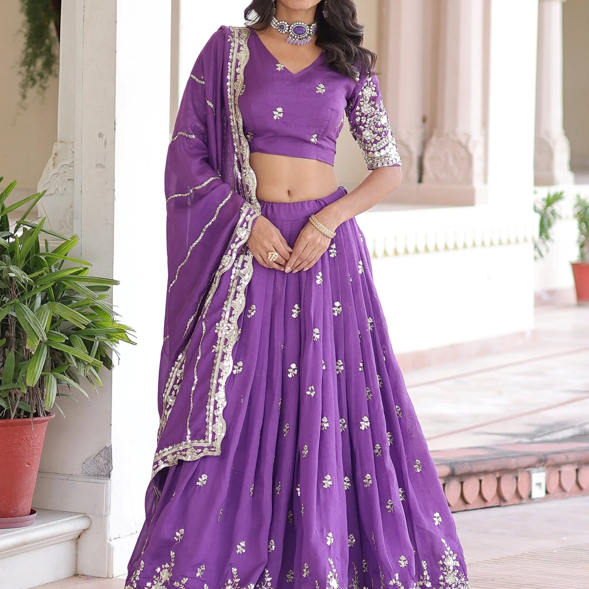 Astounding Purple Sequins Silk Designer Lehenga Choli With Dupatta