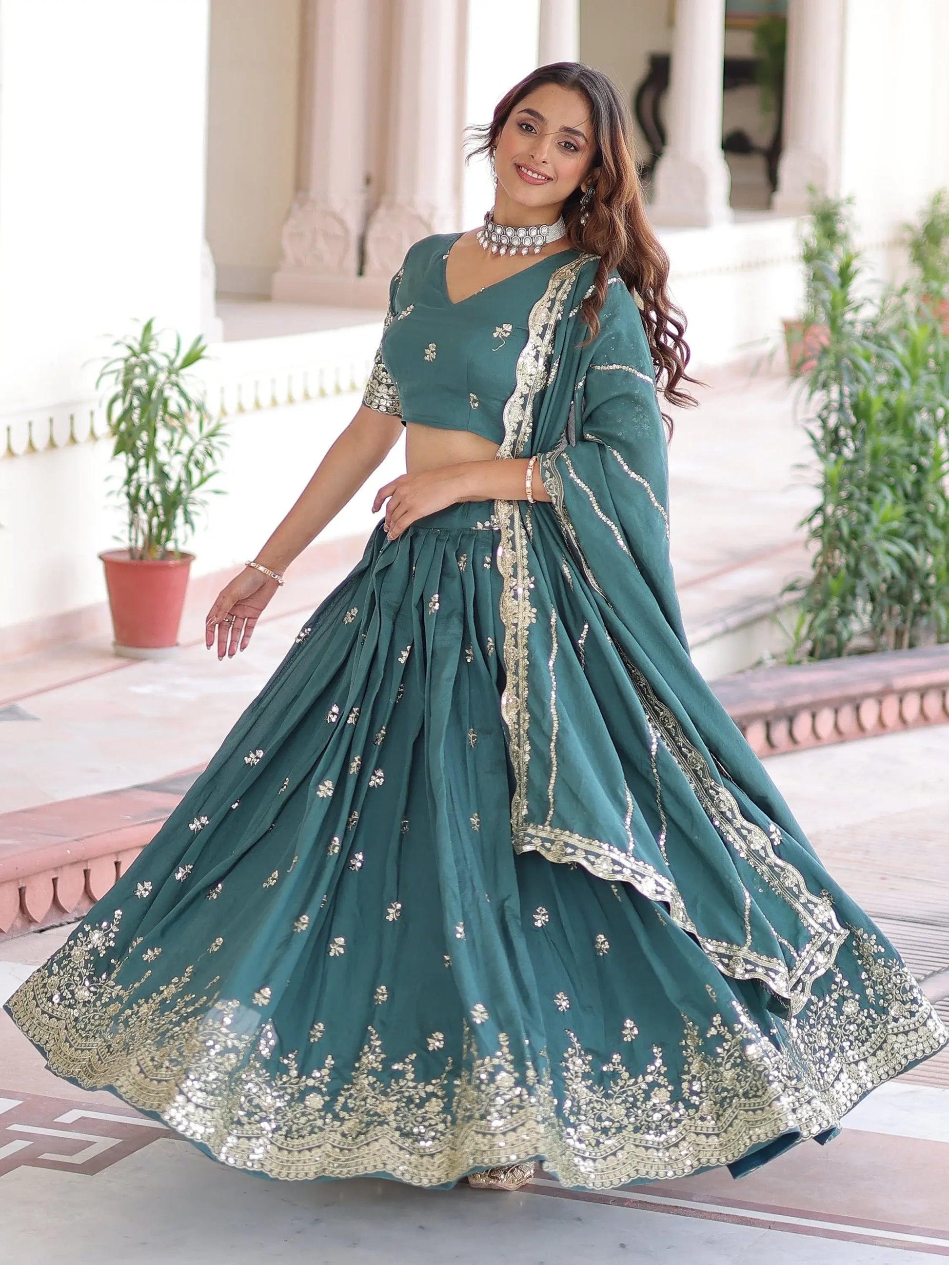 Amazing Teal Green Zari Work Silk Mehendi Wear Lehenga With Blouse