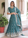 Amazing Teal Green Zari Work Silk Mehendi Wear Lehenga With Blouse