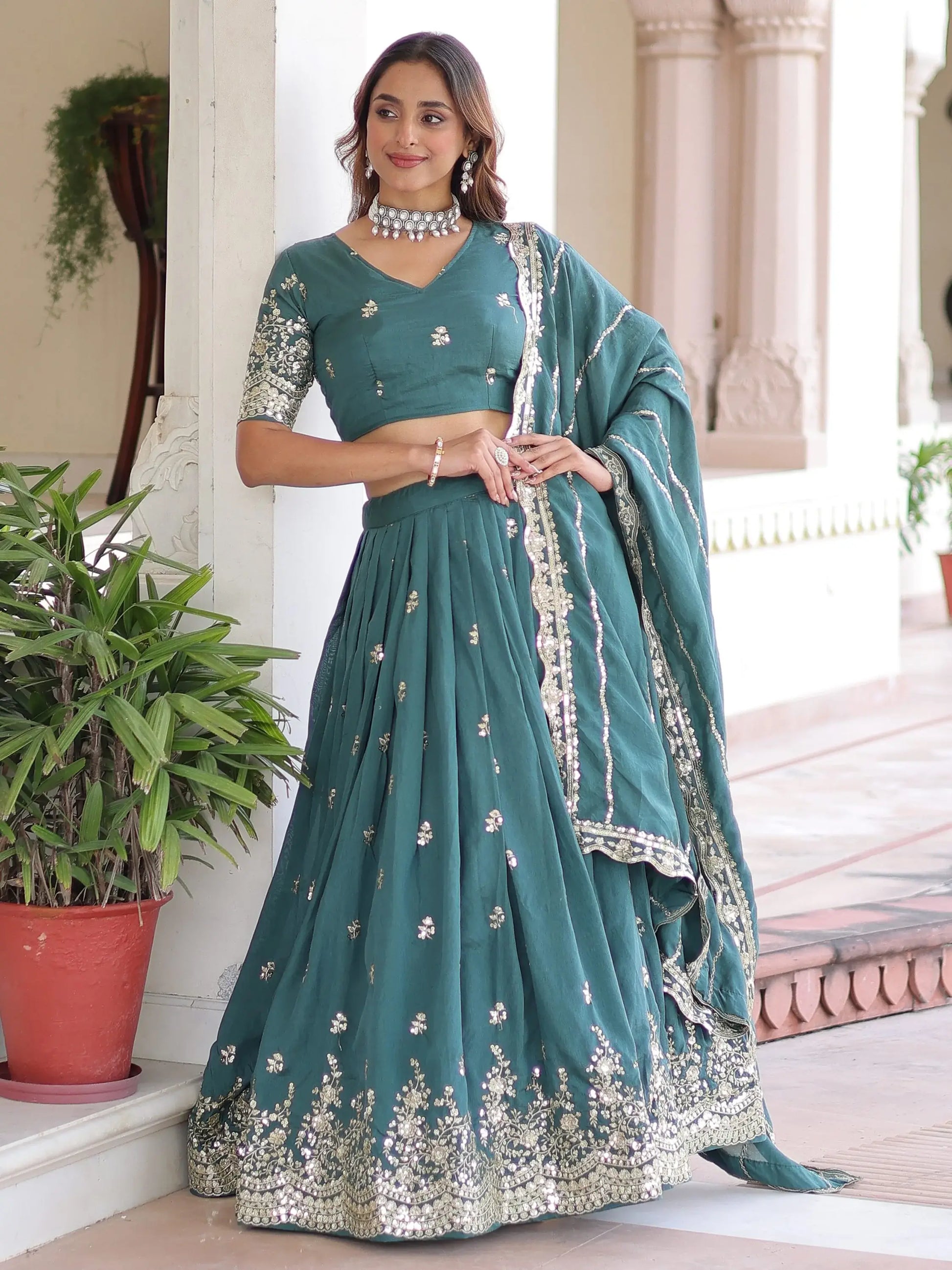 Amazing Teal Green Zari Work Silk Mehendi Wear Lehenga With Blouse