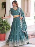 Amazing Teal Green Zari Work Silk Mehendi Wear Lehenga With Blouse