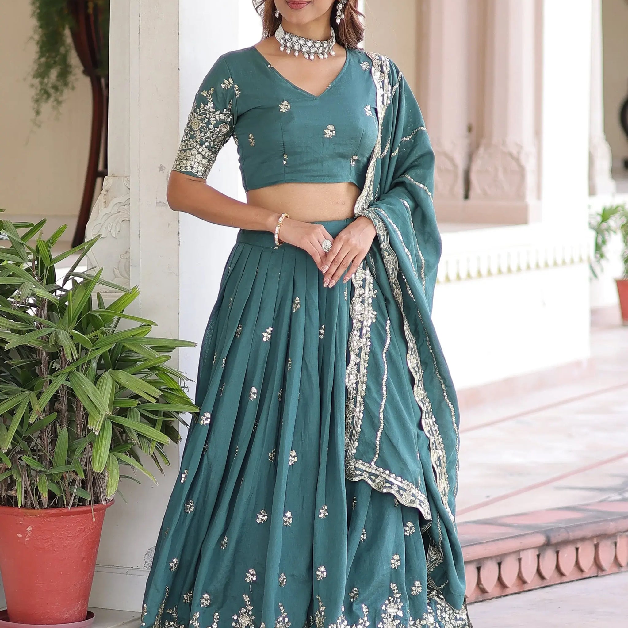 Amazing Teal Green Zari Work Silk Mehendi Wear Lehenga With Blouse