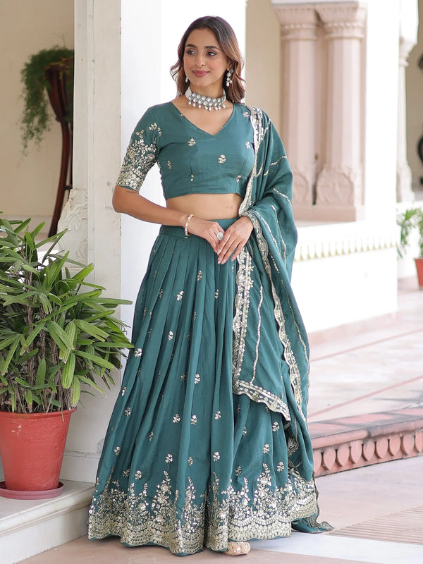 Amazing Teal Green Zari Work Silk Mehendi Wear Lehenga With Blouse