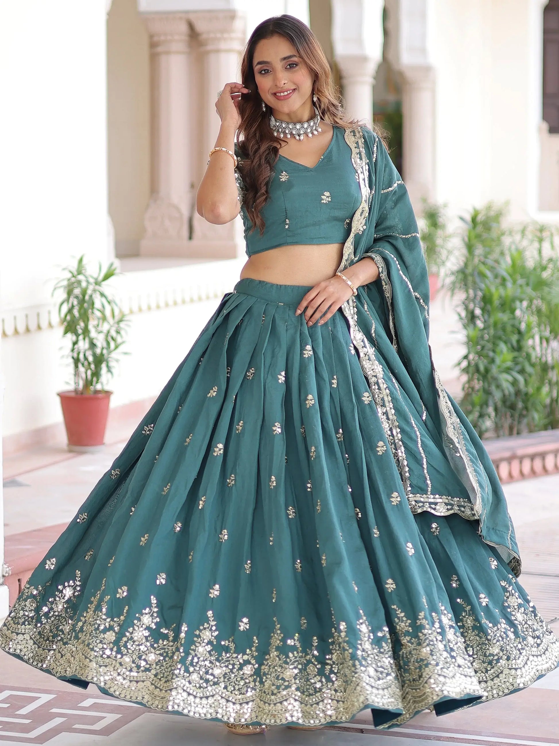 Amazing Teal Green Zari Work Silk Mehendi Wear Lehenga With Blouse