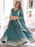 Amazing Teal Green Zari Work Silk Mehendi Wear Lehenga With Blouse
