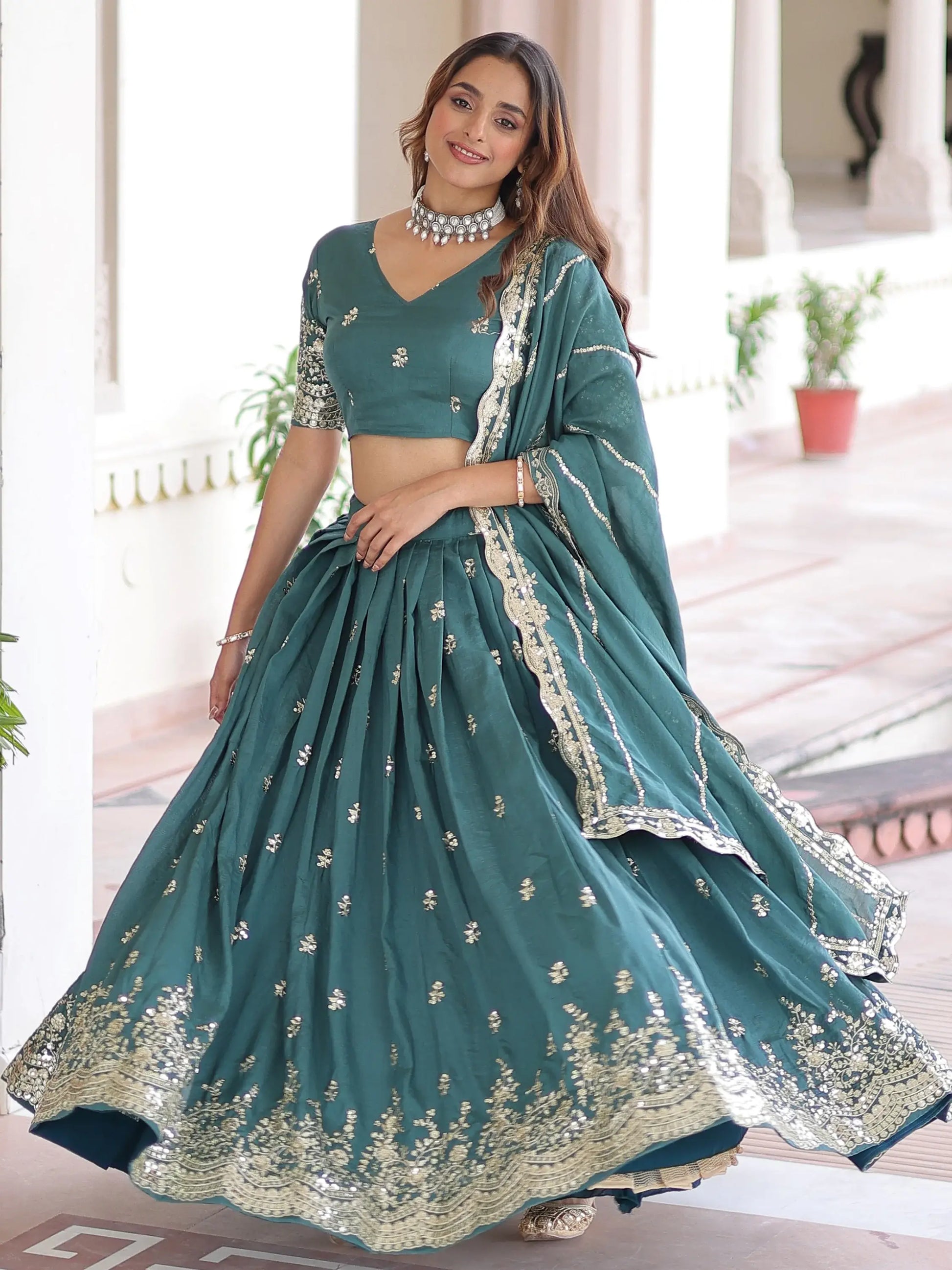 Amazing Teal Green Zari Work Silk Mehendi Wear Lehenga With Blouse