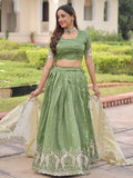 Super Green Zari Embroidered Crush Mehendi Wear Lehenga Choli With Dupatta
