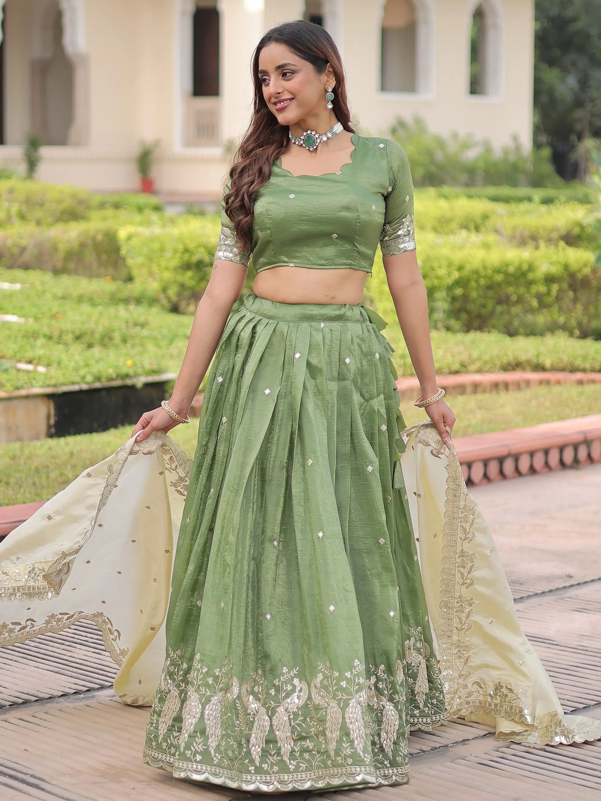 Super Green Zari Embroidered Crush Mehendi Wear Lehenga Choli With Dupatta
