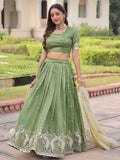 Super Green Zari Embroidered Crush Mehendi Wear Lehenga Choli With Dupatta