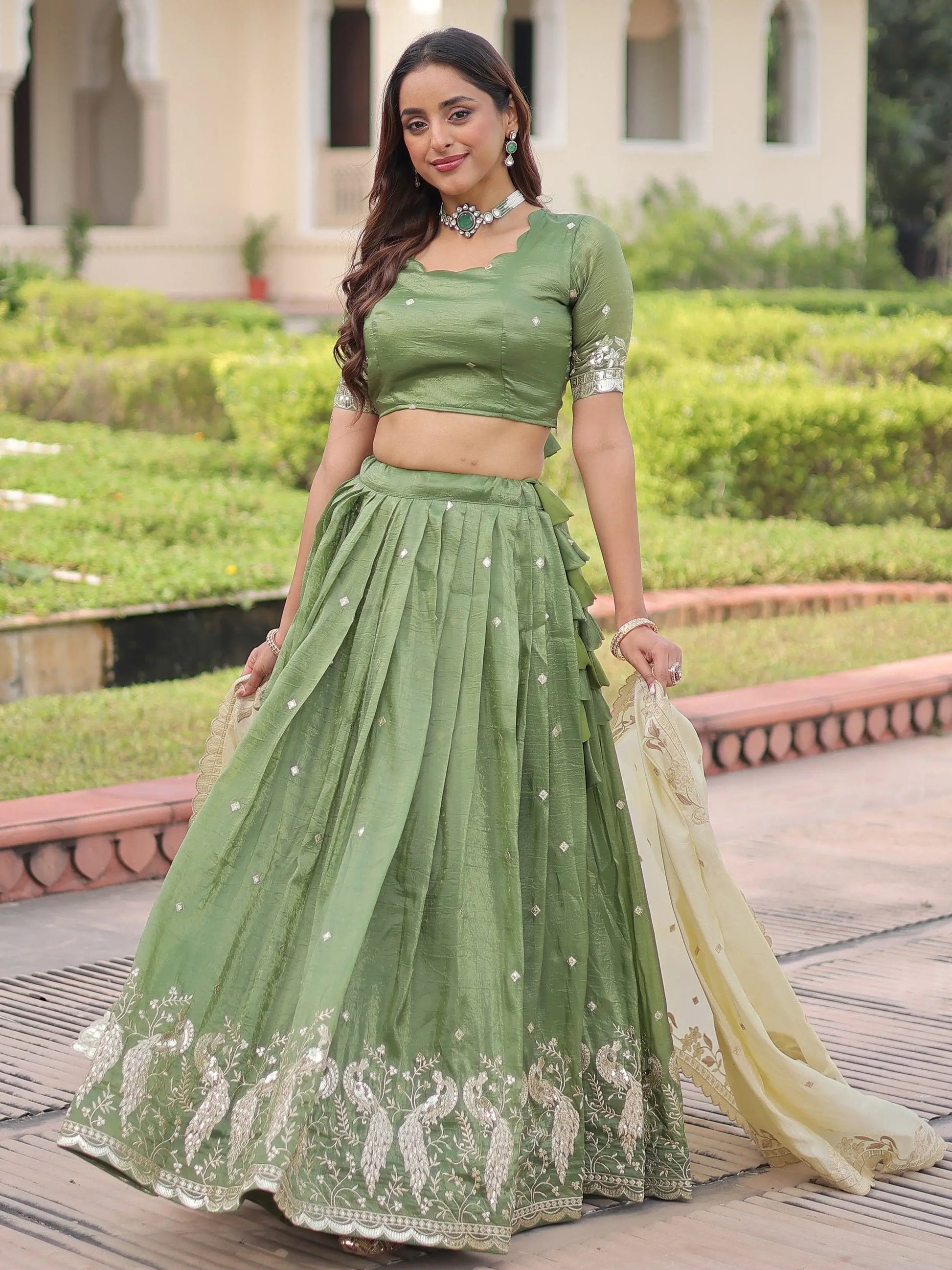 Super Green Zari Embroidered Crush Mehendi Wear Lehenga Choli With Dupatta