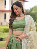Super Green Zari Embroidered Crush Mehendi Wear Lehenga Choli With Dupatta
