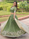 Super Green Zari Embroidered Crush Mehendi Wear Lehenga Choli With Dupatta