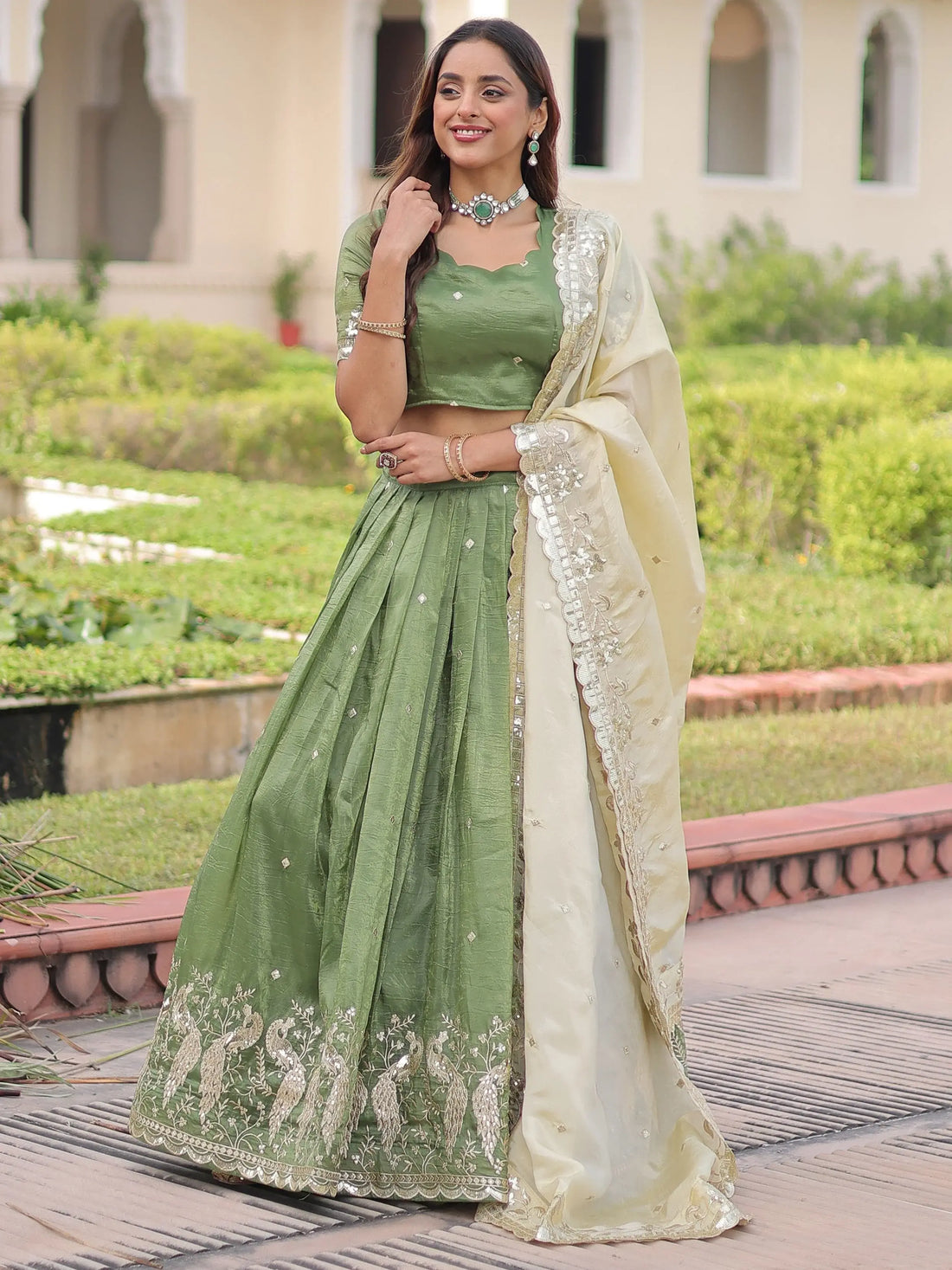 Super Green Zari Embroidered Crush Mehendi Wear Lehenga Choli With Dupatta