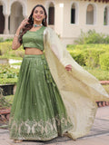 Super Green Zari Embroidered Crush Mehendi Wear Lehenga Choli With Dupatta