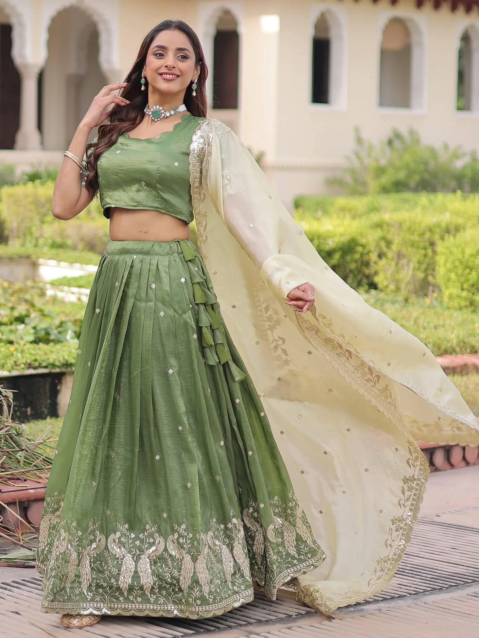 Super Green Zari Embroidered Crush Mehendi Wear Lehenga Choli With Dupatta