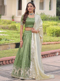 Super Green Zari Embroidered Crush Mehendi Wear Lehenga Choli With Dupatta
