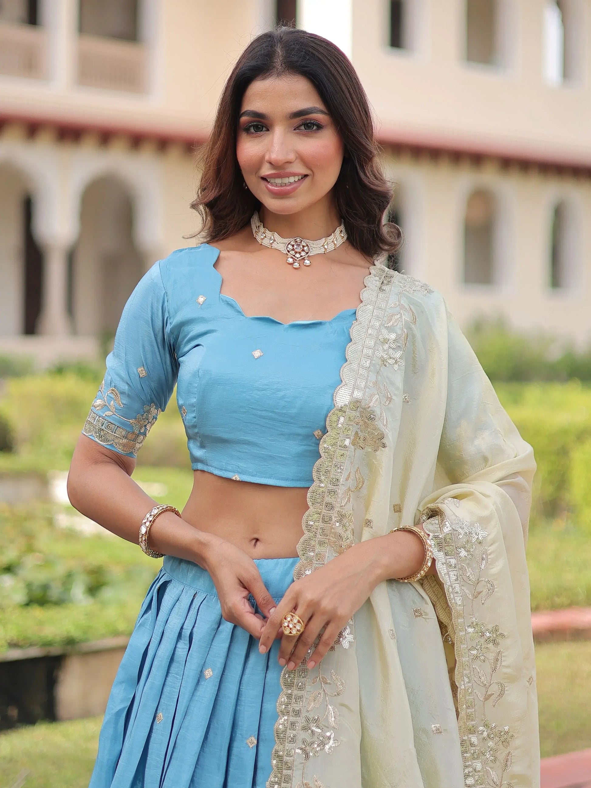 Delightful Sky Blue Sequins Crush Evening Wear Lehenga Choli With Dupatta