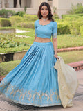 Delightful Sky Blue Sequins Crush Evening Wear Lehenga Choli With Dupatta