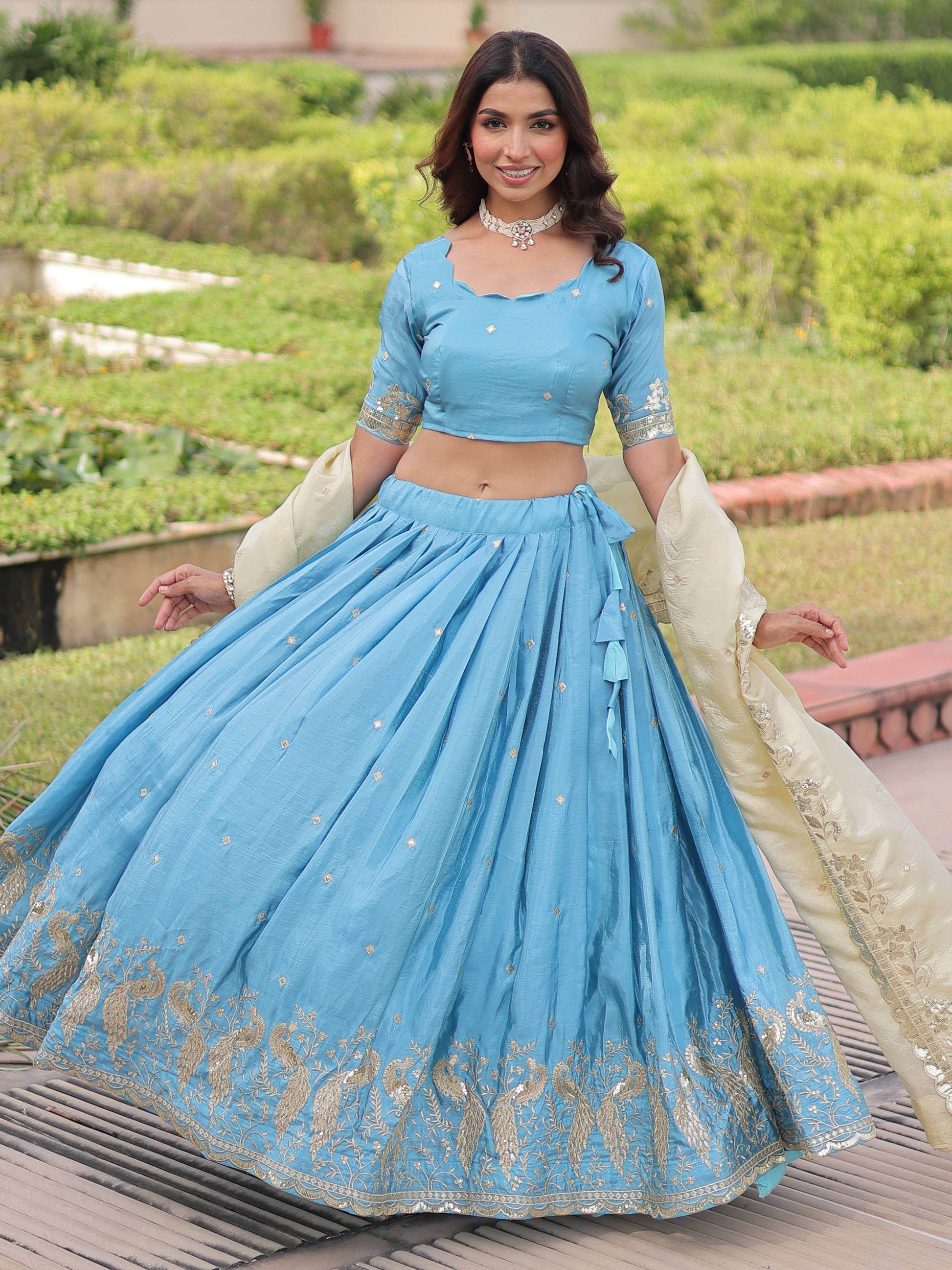 Delightful Sky Blue Sequins Crush Evening Wear Lehenga Choli With Dupatta