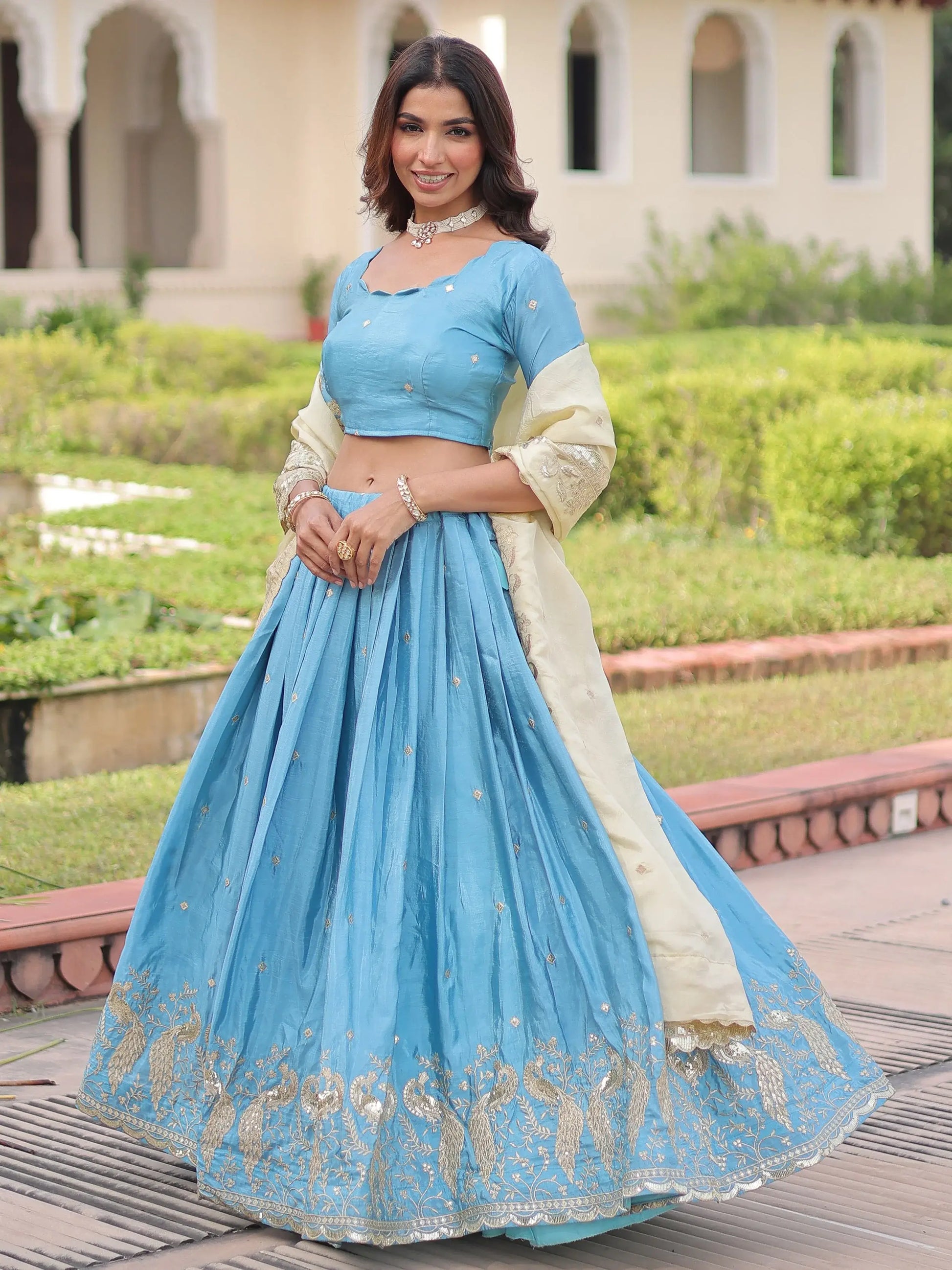 Delightful Sky Blue Sequins Crush Evening Wear Lehenga Choli With Dupatta